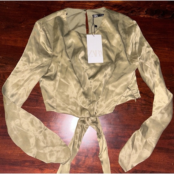 Zara Tie Front Cropped Top Satin Olive Green New With Tags 3067/464/505/S - Picture 2 of 6